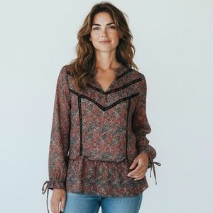 MATILDA JANE - THE CAROL‎ TOP -SIZE SMALL - MULTICOLORED FLORAL SEMI SHEER B13